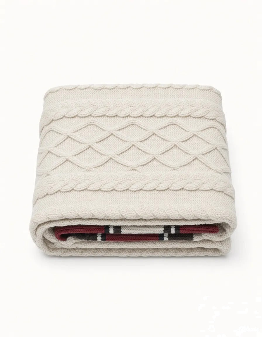 Folded cream UGG knit socks with striped lining