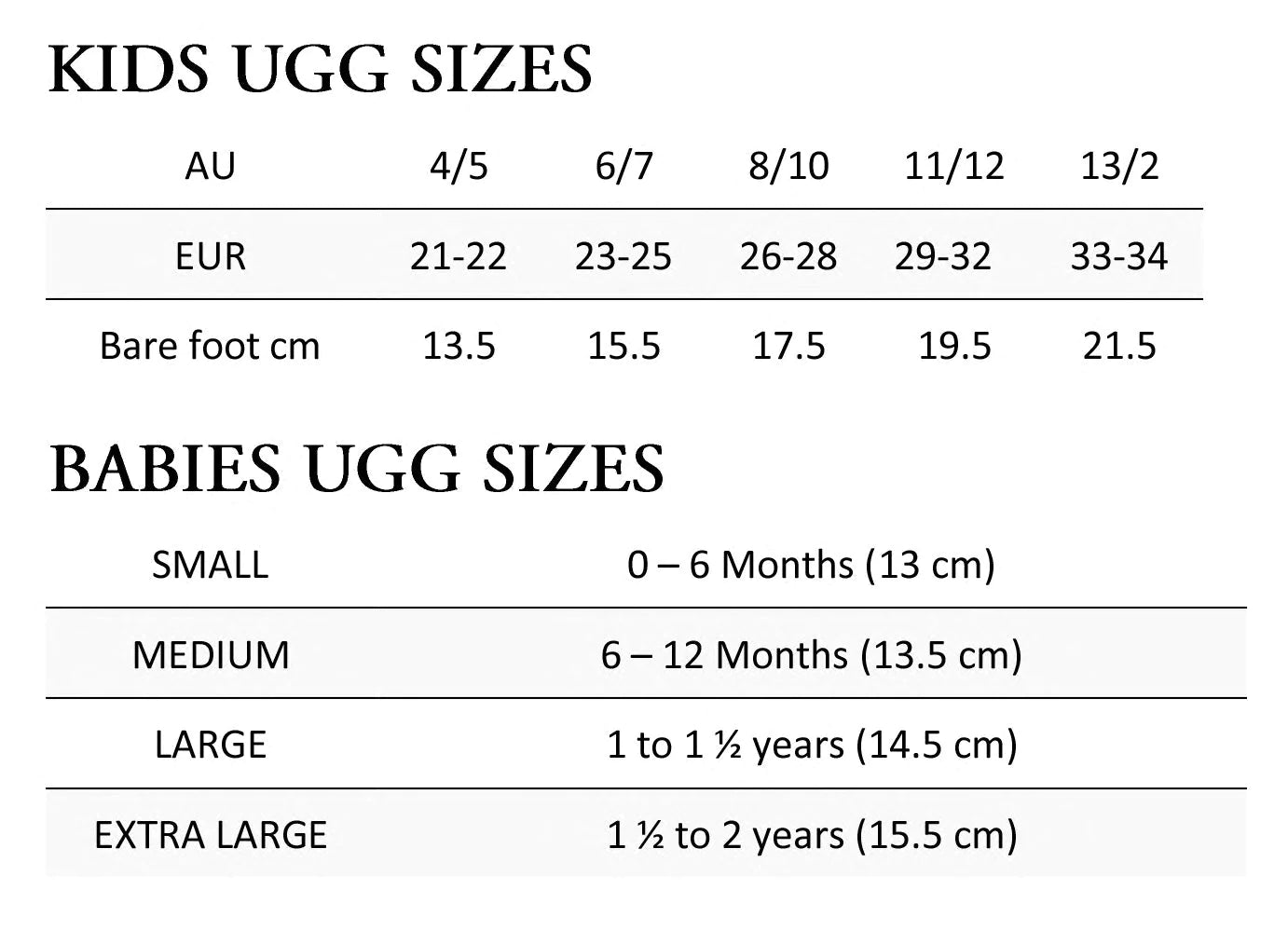 Aussie UGG Wear Kids Size Chart